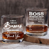 TAMUNBEE Boss whiskey glass with nutrition label, ideal for celebrations and appreciation gifts.