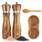 TanAndLin wooden salt and pepper grinder set with acacia wood on countertop for fresh flavor