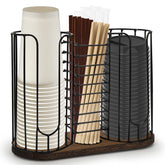 Tanggiteck 3-compartment dispenser with wood base keeps cups neatly organized on the counter.