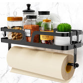 Taozun paper towel holder with shelf in black finish on kitchen counter, organized and ready for use.