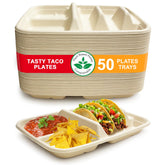 Tasty Taco disposable plates hold two tacos and two sides for easy serving.