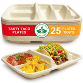 Tasty Taco disposable plates with dividers holding two tacos and two sides.