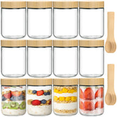 TBWIND 12-pack 16oz glass jars with bamboo lids display fresh layered ingredients for meal prep