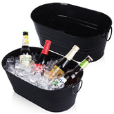 Tchrules galvanized tub beverage tubs, two-pack, front view with sturdy handles for transport
