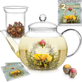Teabloom Celebration teapot with blooming tea, elegant glass design for premium tea experiences.