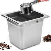 TechShare stainless steel coffee knock box, square design, ideal for quiet home or cafe use.