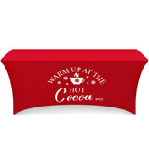 Tegeme red hot cocoa tablecloth on a 6 ft table for festive setup