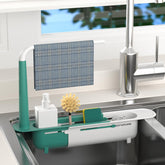 Telescopic sink storage rack under faucet keeps sponges organized and drains efficiently