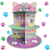 Terasilian cartoon cat cupcake stand in pink for a playful party display.