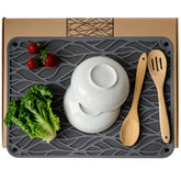 Terra + Timber stone drying mat focuses on quick moisture absorption for dishes on countertops.