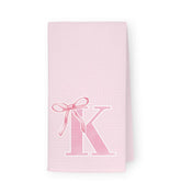 THDSE monogram initial K hand towel with pink bow in soft waffle weave for bathroom.
