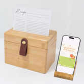 The Modern Ramona wooden recipe box with lid and engraved label for easy access.