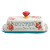 The Pioneer Woman butter dish stoneware with vintage floral pattern adds cottage charm.