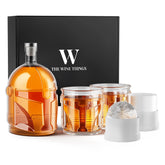 The Wine Things whiskey helmet decanter with bold bottle silhouette elevates home bar presentation.