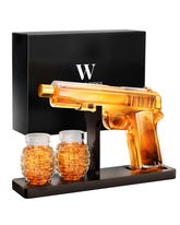 The Wine Things whiskey decanter with two glasses, premium gift-ready presentation.