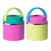ThermoFlask 20 oz food jar set in pink and blue showing premium stainless steel prevents flavor transfer.