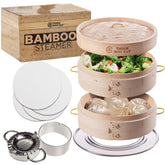 Three Way Cut bamboo steamer with 2 tiers and handles for easy lifting.