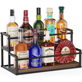 THYGIFTREE two-tier liquor display on a matte black metal frame for organized bottles