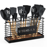 THYGIFTREE large black metal utensil holder on countertop with wood base for easy access