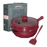 TIBORANG 8-in-1 pan with glass lid in ruby red for versatile cooking.