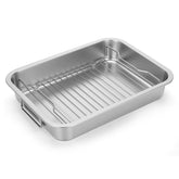 Tifanso stainless steel roasting pan with rack, promoting even heat and elevated roasting.