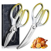 TIJERAS kitchen scissors with gold dual-shear blades for precise herb snipping and bone cutting.