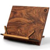 Tilisma wooden book stand enables hands-free reading on kitchen counter.