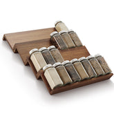 Tinamo Acacia spice rack in walnut, front view showing spacious capacity for 4 oz jars.