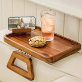 Tinamo Acacia Wood Sofa Armrest Tray closeup highlights sturdy construction and warm grain.