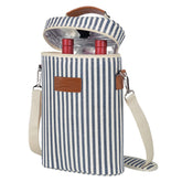 Tirrinia two-bottle insulated wine tote in blue striped design keeps bottles secure during travel.