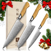 TIVOLI Damascus 8-inch chef knife with olive wood handle for precise slicing.
