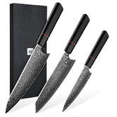 TIVOLI Damascus 3-piece knife set blade close-up showing VG10 core for precise slicing.