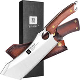 TIVOLI meat cleaver close-up with German steel, sharp edge for precision cuts.