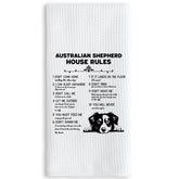 TNUW Australian Shepherd House Rules towel shown in kitchen for daily dish drying.