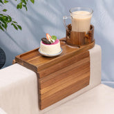TOMLYOP couch arm tray in acacia wood with 360-degree cup holder for easy reach.