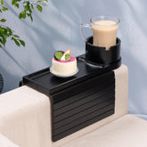 TOMLYOP couch arm tray close-up highlighting sturdy bamboo build and natural finish