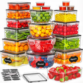 Topchase 42-piece storage set shown with varied sizes for organized fridge and pantry.
