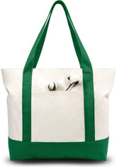 TOPDesign canvas tote with exterior pocket for quick-access storage.