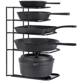 Toplife Heavy Duty Pan Organizer demonstrates sturdy construction for heavy cast iron pans, preventing tipping.