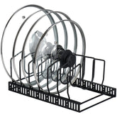 Toplife pot lids organizer rack front view with seven adjustable compartments for easy access.