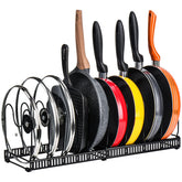 Toplife pots and pans organizer rack in black for clutter-free storage.