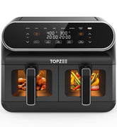 Topzee 8QT dual basket air fryer front view with independent cooking zones.