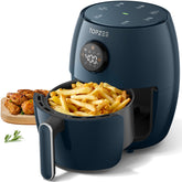 Topzee small compact air fryer front view highlights space-saving design for small kitchens.