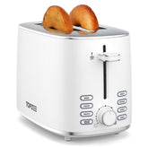 Topzee toaster with 2-slice wide slots toasting a bagel evenly