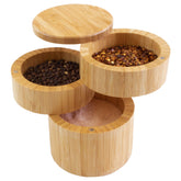 Totally Bamboo triple salt cellar top compartment for quick salt access during prep.
