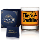TOUNER Grandfather whiskey glass in gift box, ready for Father’s Day gifting.