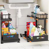 Toyear under sink organizer with two pull-out baskets for easy cabinet access.