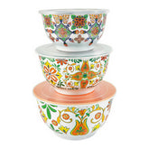 TP Aztec Bloom three-piece set front view showing lids on largest bowls for serving and prepping
