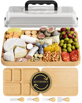 Trayful charcuterie board with lid attached for stylish, spill-free entertaining.