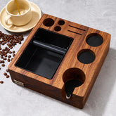 TREELF espresso tamping station in walnut wood keeps accessories organized at hand.